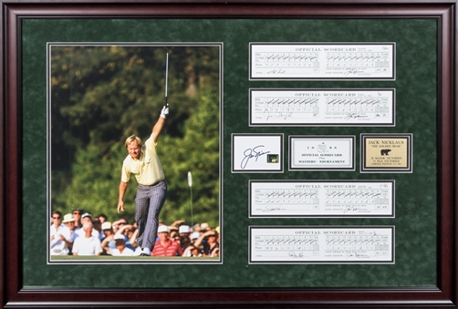 Jack Nicklaus Signed Cut With Photo & Scorecards In 39x27 Framed Display (JSA)